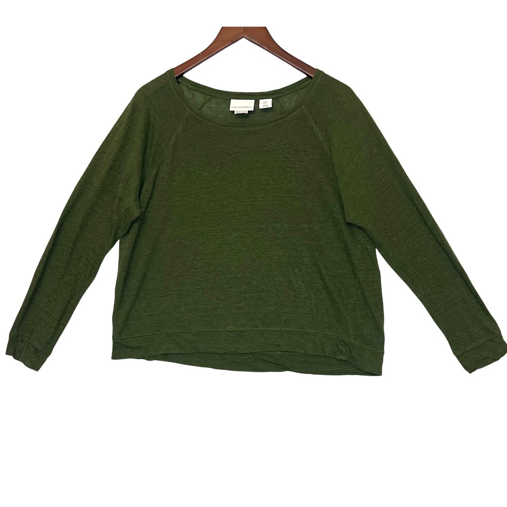 Cynthia Rowley Womens Olive Chartreuse Green 100% Linen Slub Knit Raglan Top Med